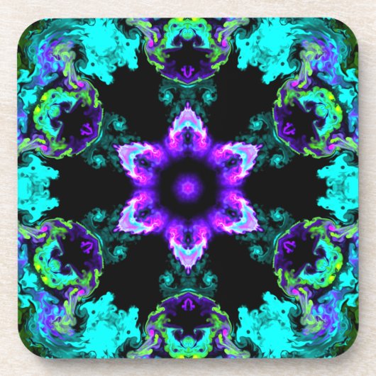 Psychedelic Hippie Flower Paars Blauwgroen en Blac Bier Onderzetter (Voorkant)