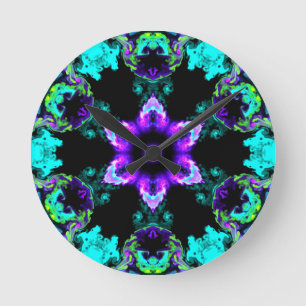 Psychedelic Hippie Flower Paars Blauwgroen en Blac Ronde Klok