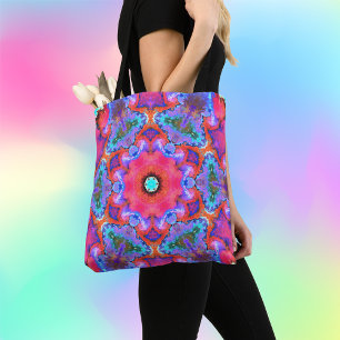 Psychedelic Hippie Flower Pink Blue en Oranje Tote Bag