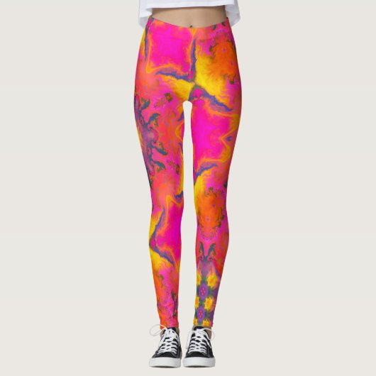 Psychedelic Hippie Flower Pink Paars and Yellow Leggings (Voorkant)