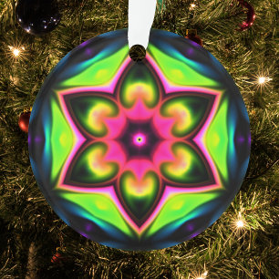 Psychedelic Hippie Flower Pink Yellow en Green Ornament