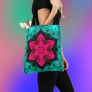 Psychedelic Hippie Flower roze en Blauwgroen Tote Bag