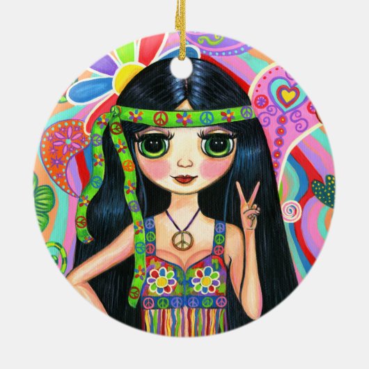 Psychedelic Hippie Girl Headband Peace Sign 1960 Keramisch Ornament (Achterkant)