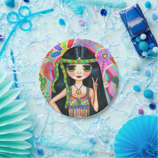 Psychedelic Hippie Girl Headband Peace Sign 1960 Papieren Bordje (Feest)
