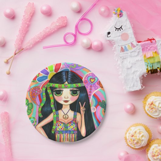 Psychedelic Hippie Girl Headband Peace Sign 1960 Papieren Bordje (Feest)