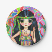 Psychedelic Hippie Girl Headband Peace Sign 1960 Papieren Bordje (Voorkant)