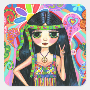 Psychedelic Hippie Girl Headband Peace Sign 1960 Vierkante Sticker