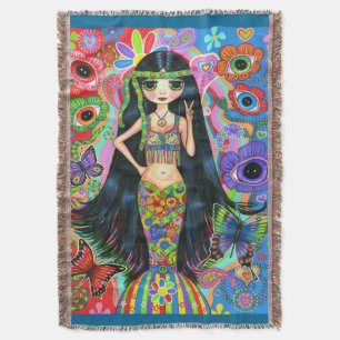 Psychedelic Hippie Girl Mermaid Peace Sign 1960 Deken