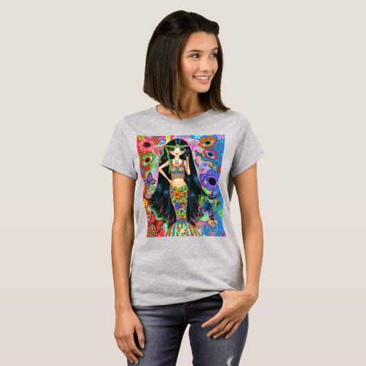 Psychedelic Hippie Girl Mermaid Peace Sign Big Eye T-shirt (Voorkant volledig)