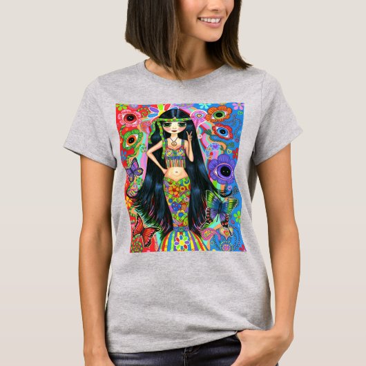 Psychedelic Hippie Girl Mermaid Peace Sign Big Eye T-shirt (Voorkant)