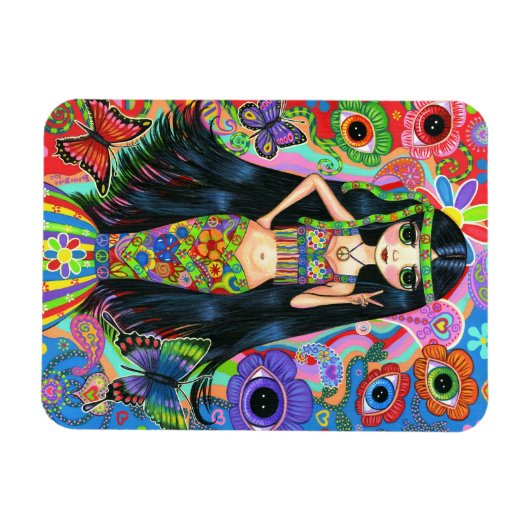 Psychedelic hippie meisje zeemeermin vredes teken  magneet (Horizontaal)