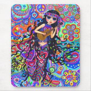 Psychedelic Hippie Mermaid Girl die gitaar speelt Muismat