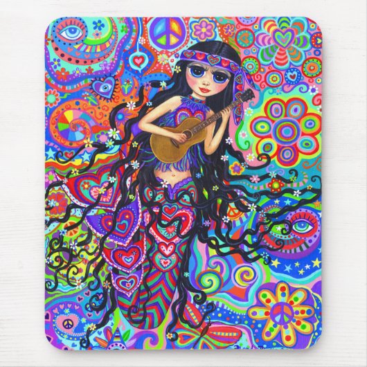 Psychedelic Hippie Mermaid Girl die gitaar speelt Muismat (Voorkant)