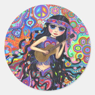 Psychedelic Hippie Mermaid Girl die gitaar speelt Ronde Sticker