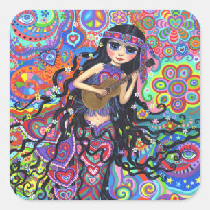 Psychedelic Hippie Mermaid Girl die gitaar speelt Vierkante Sticker