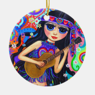 Psychedelic Hippie Mermaid Girl Guitar Cute Hearts Keramisch Ornament