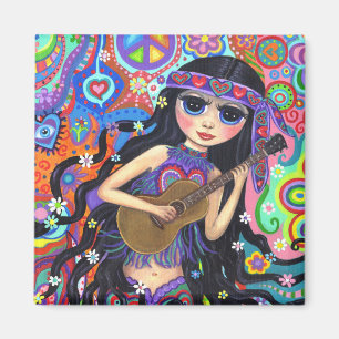Psychedelic Hippie Mermaid Girl met Guitar Peace Magneet