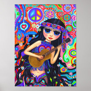 Psychedelic Hippie Mermaid Girl met Guitar Peace Poster