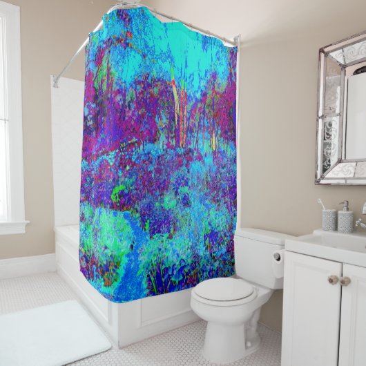 Psychedelic Impressionistic Blue Garden Landschap Douchegordijn (In situ)