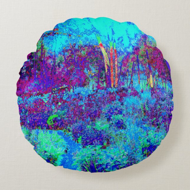 Psychedelic Impressionistic Blue Garden Landschap Rond Kussen (Voorkant)