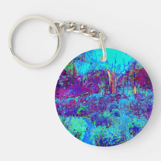 Psychedelic Impressionistic Blue Garden Landschap Sleutelhanger (Voorkant)