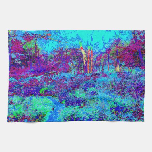 Psychedelic Impressionistic Blue Garden Landschap Theedoek (Horizontaal)