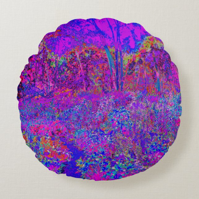 Psychedelic Impressionistisch Paars landschap Rond Kussen (Voorkant)