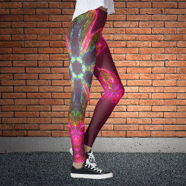 Psychedelic Kaleidoscope Flower Green and Pink Leggings
