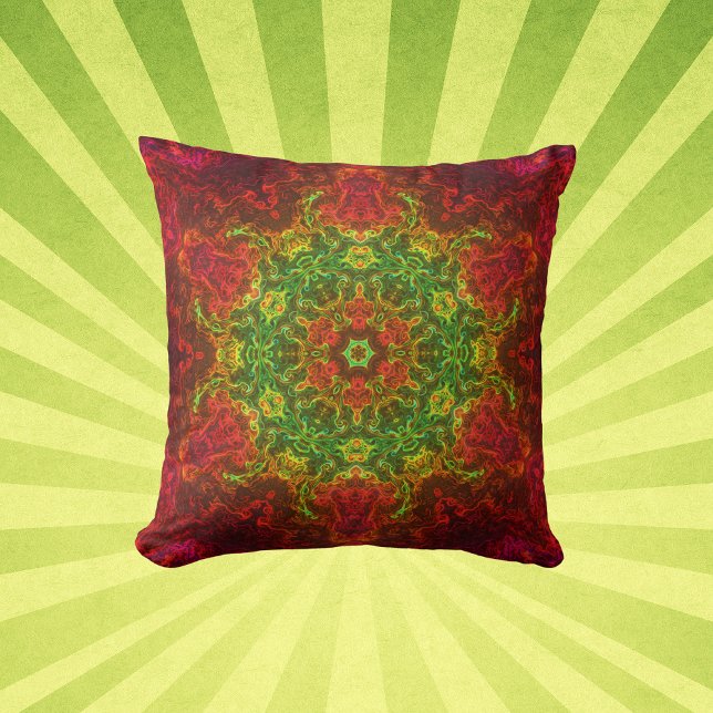 Psychedelic Kaleidoscope Flower Green and Red Kussen (Creator heeft geüpload)