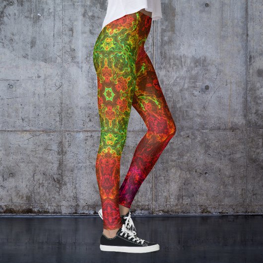 Psychedelic Kaleidoscope Flower Green and Red Leggings