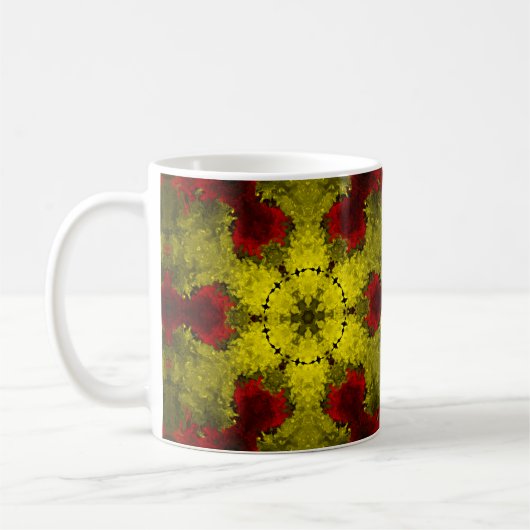 Psychedelic Kaleidoscope Flower Red en Yellow Koffiemok (Links)