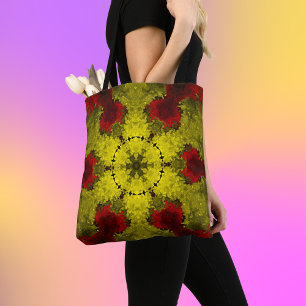 Psychedelic Kaleidoscope Flower Red en Yellow Tote Bag