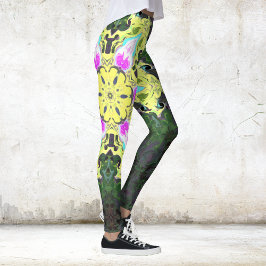 Psychedelic Kaleidoscope Flower Yellow and Pink Leggings