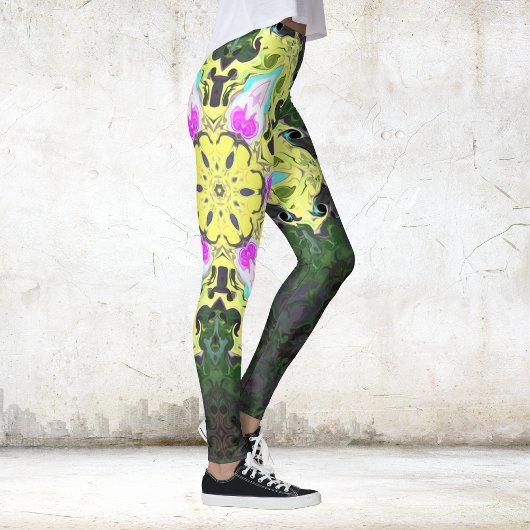 Psychedelic Kaleidoscope Flower Yellow and Pink Leggings