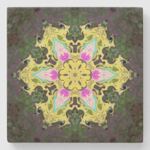 Psychedelic Kaleidoscope Flower Yellow and Pink Stenen Onderzetter