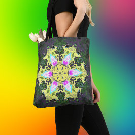 Psychedelic Kaleidoscope Flower Yellow and Pink Tote Bag