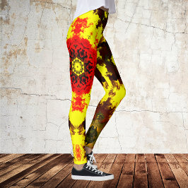 Psychedelic Kaleidoscope Flower Yellow and Red Leggings