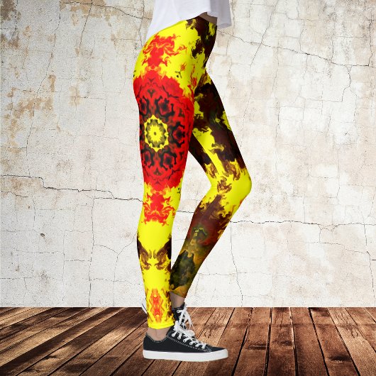 Psychedelic Kaleidoscope Flower Yellow and Red Leggings