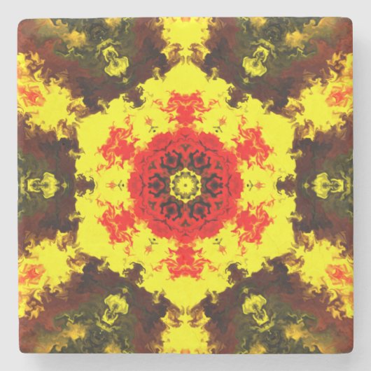 Psychedelic Kaleidoscope Flower Yellow and Red Stenen Onderzetter (Voorkant)