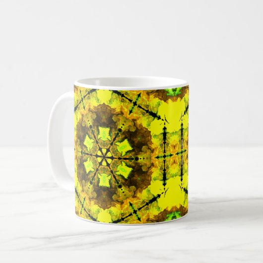 Psychedelic Kaleidoscope Flower Yellow en Green Koffiemok (Voorkant links)