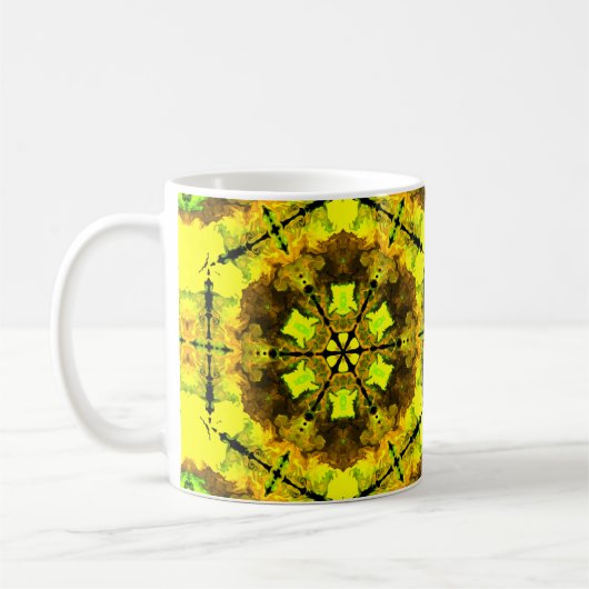 Psychedelic Kaleidoscope Flower Yellow en Green Koffiemok (Links)