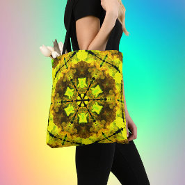 Psychedelic Kaleidoscope Flower Yellow en Green Tote Bag
