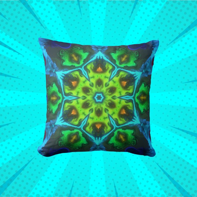 Psychedelic Kaleidoscope Green Blue en Oranje Kussen (Creator heeft geüpload)