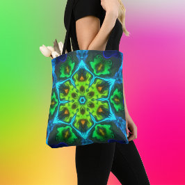 Psychedelic Kaleidoscope Green Blue en Oranje Tote Bag