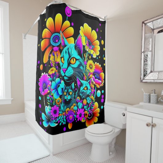 Psychedelic Kitty Cat Douchegordijn (In situ)