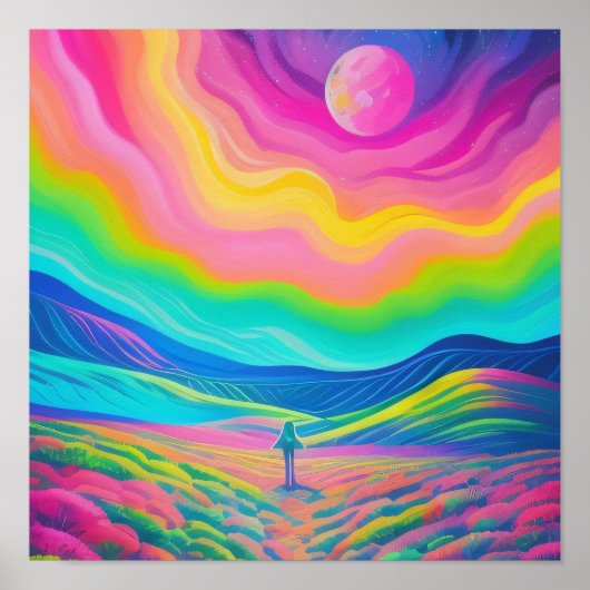 Psychedelic Landschap Schilderen Roze Groene Kunst Poster (Voorkant)