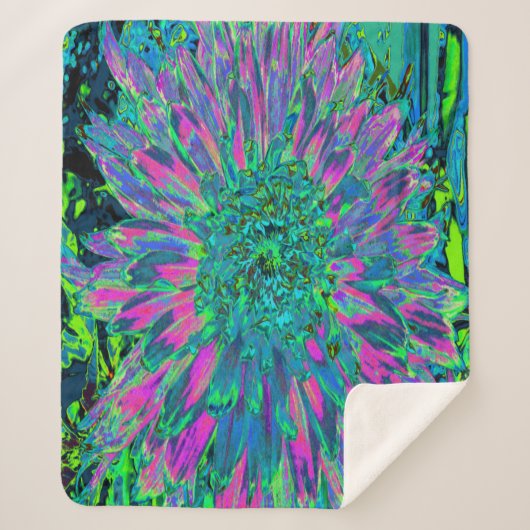 Psychedelic Magenta, Aqua en Lime Green Dahlia Sherpa Deken (Voorkant)