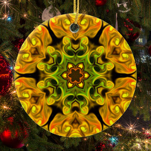 Psychedelic Mandala Bloem Groen en Geel Keramisch Ornament