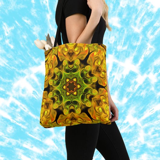 Psychedelic Mandala Bloem Groen en Geel Tote Bag