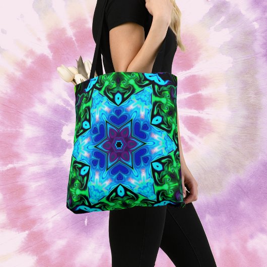Psychedelic Mandala Flower Blauw Paarse en Groen Tote Bag